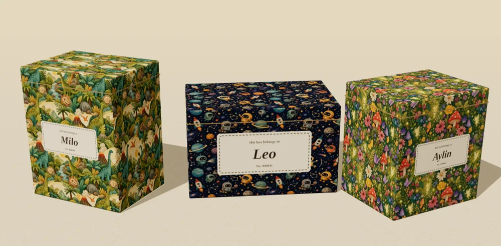 Three ReJoy printed boxes sized for familiar toys